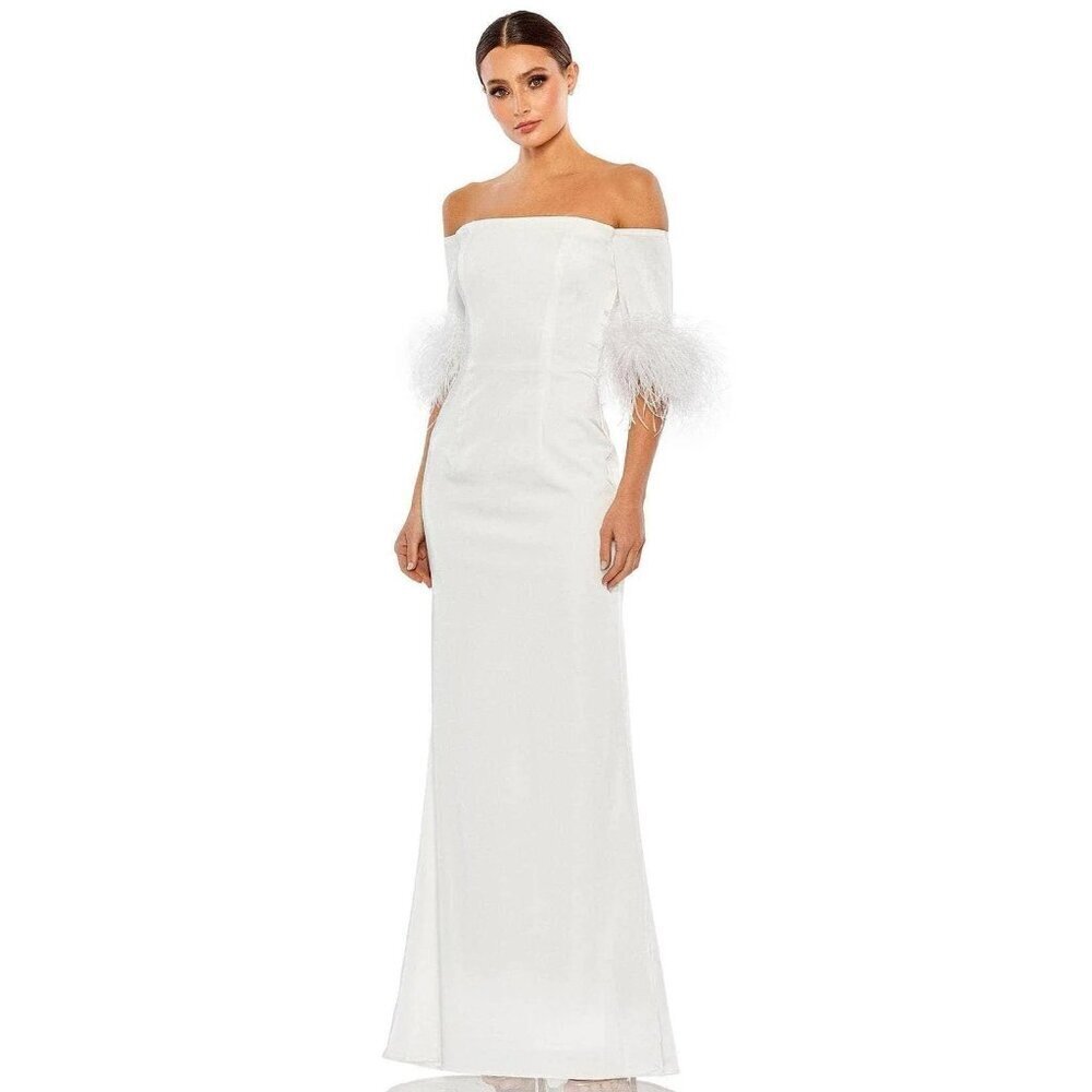 MAC DUGGAL Size 8 White 11441 Feather Off The Shoulder Gown Dress Wedding Bride